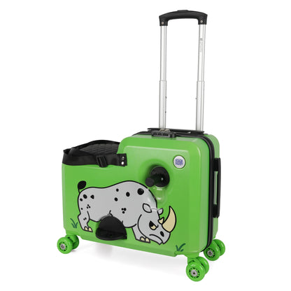 Child riding Rocko rhino suitcase — kids aged 2-10