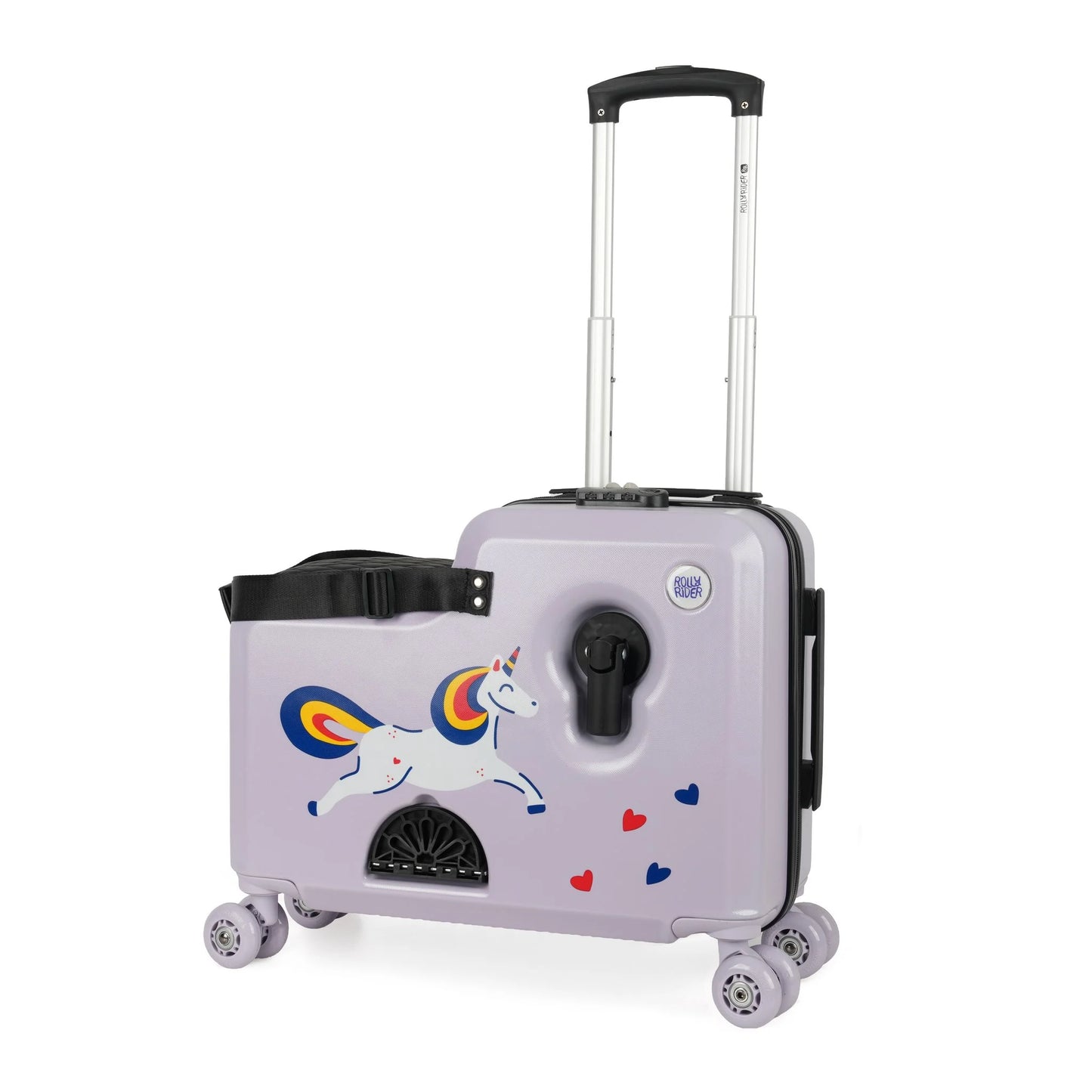 Child riding Sparkle unicorn suitcase through airport terminal