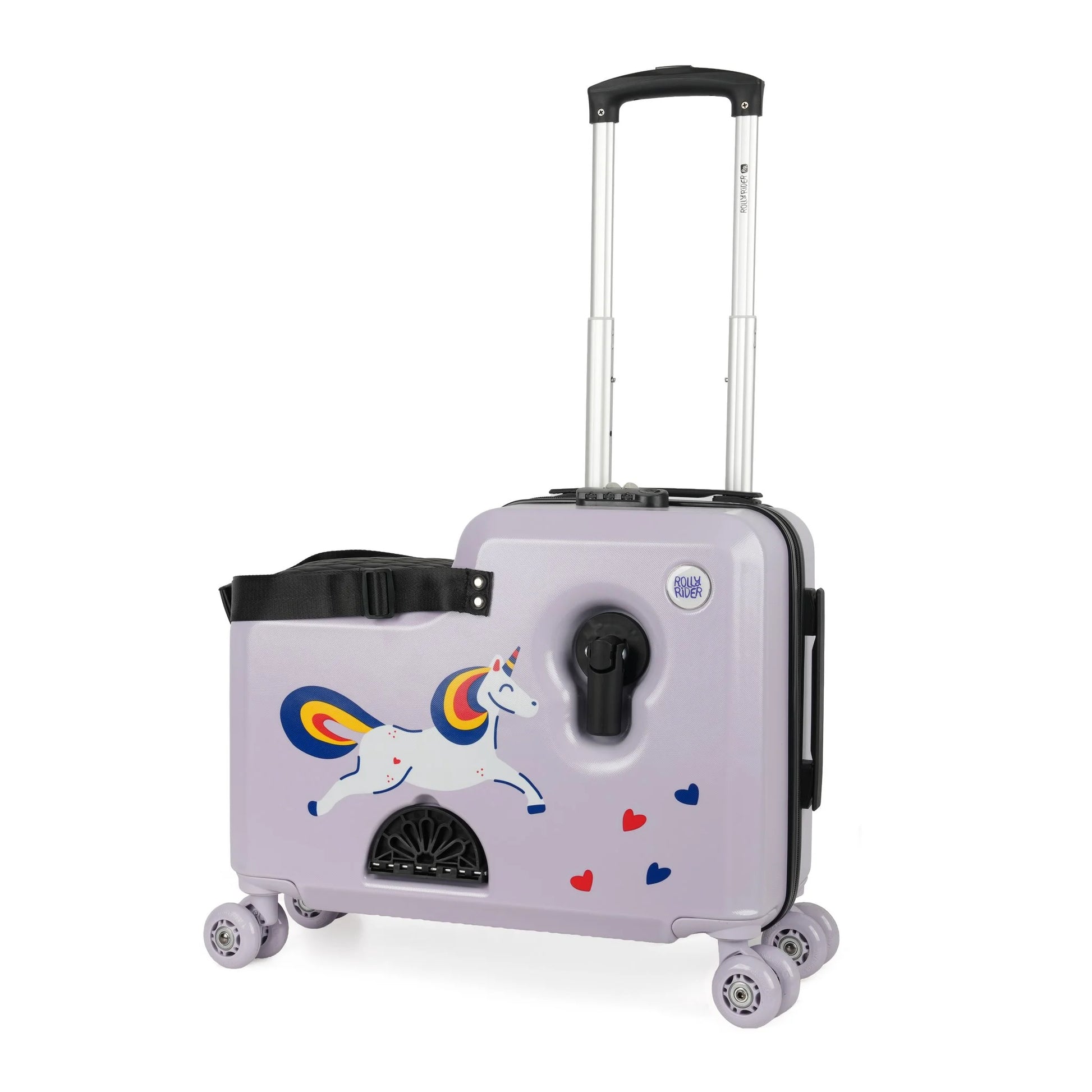 Child riding Sparkle unicorn suitcase through airport terminal