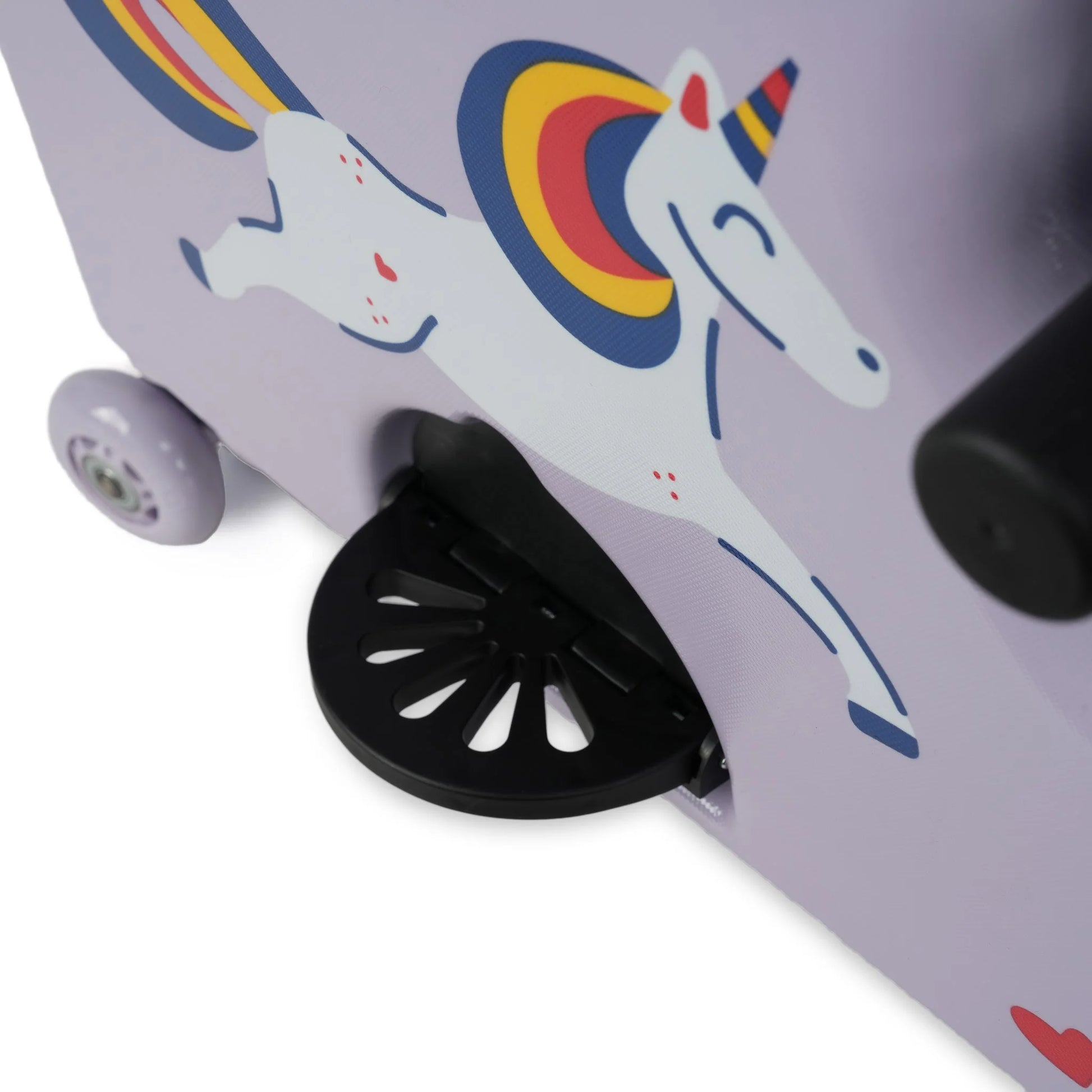 Close-up of Sparkle unicorn design on hard ABS shell suitcase